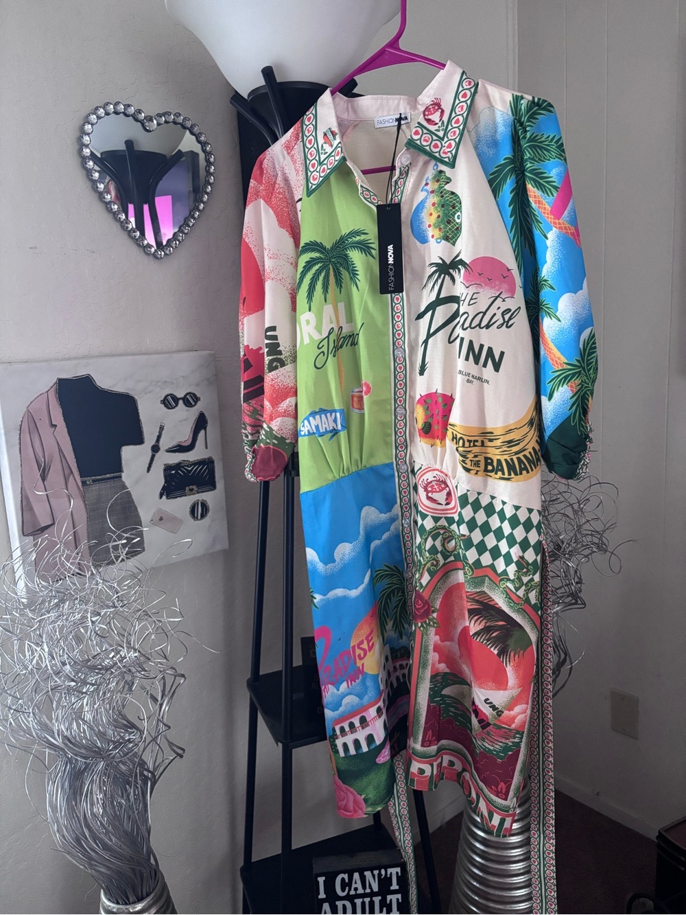 Fashion Nova Multi-Color Tropical Print Shirt Dress